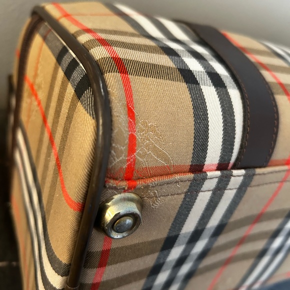 Burberry Haymarket Boston Tan Duffel with Brown Leather Trim 10H x 19W inches - Picture 12 of 15